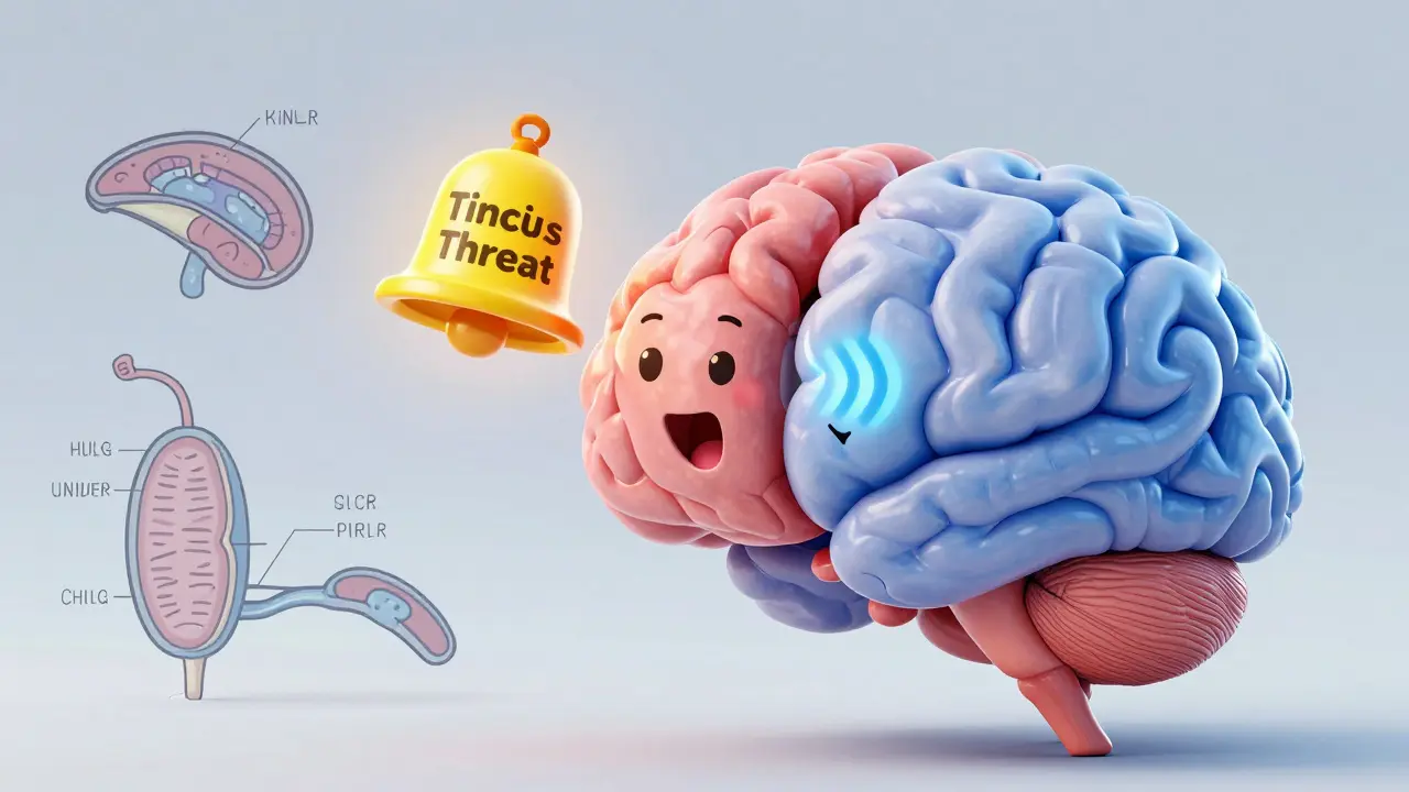 A cartoon brain shifts from fear to calm as tinnitus transforms from alarm to gentle static.