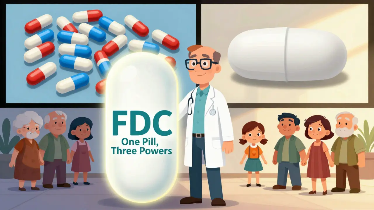 A pharmacist beside a giant FDC pill, contrasting a chaotic pile of pills with a single neat tablet.