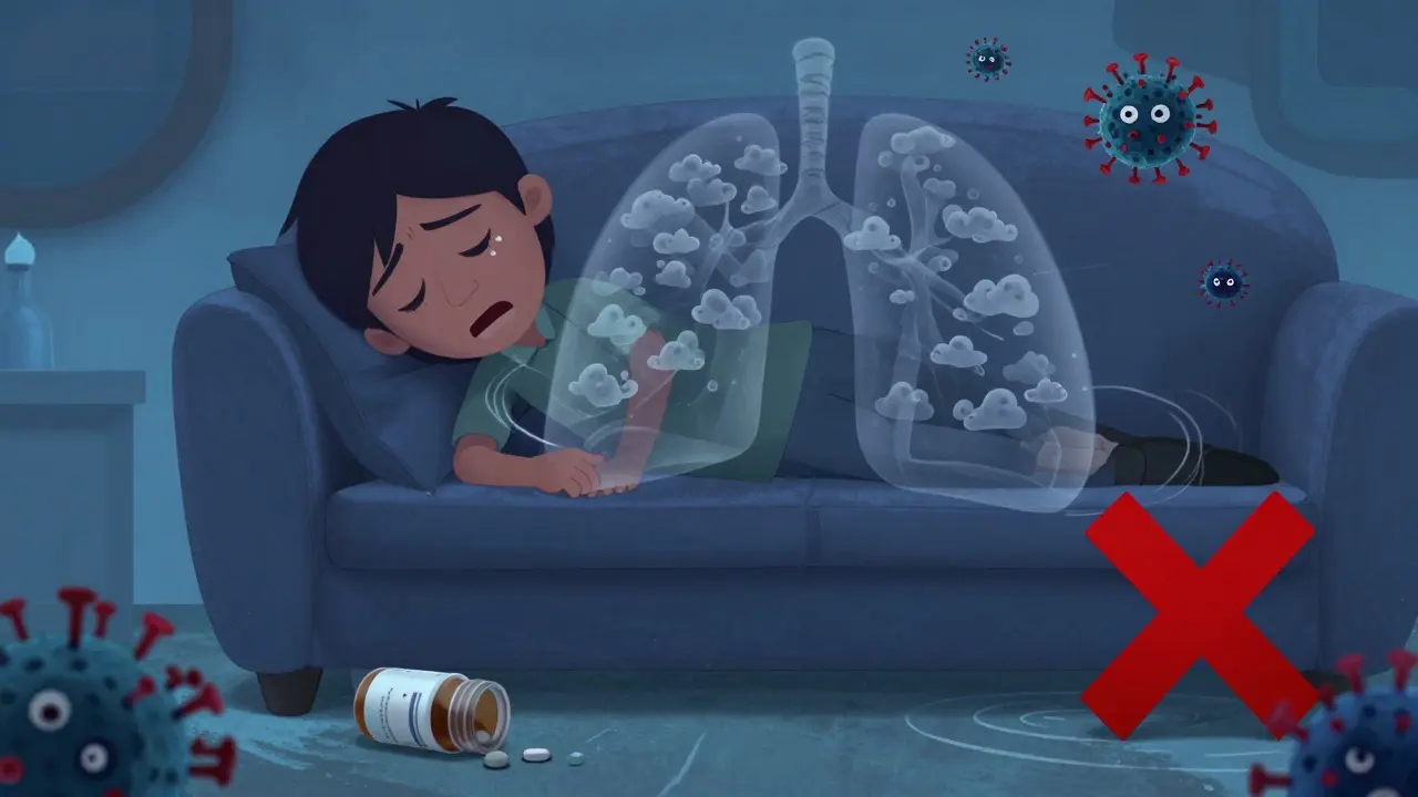 A tired person with hazy viral infection in both lungs, dry cough, and antibiotics discarded in DreamWorks style.