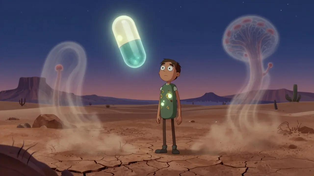 A vulnerable person surrounded by fungal spores with glowing lung nodules, in a desert landscape under moonlight in DreamWorks style.