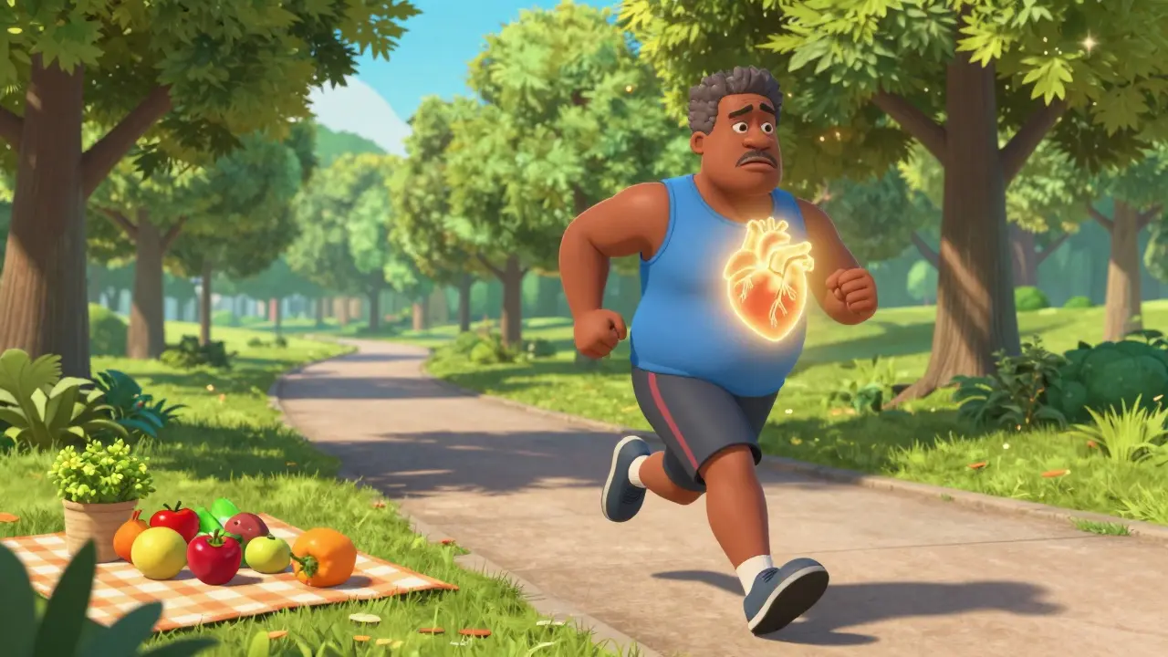 Active person running in a park with healthy food nearby.