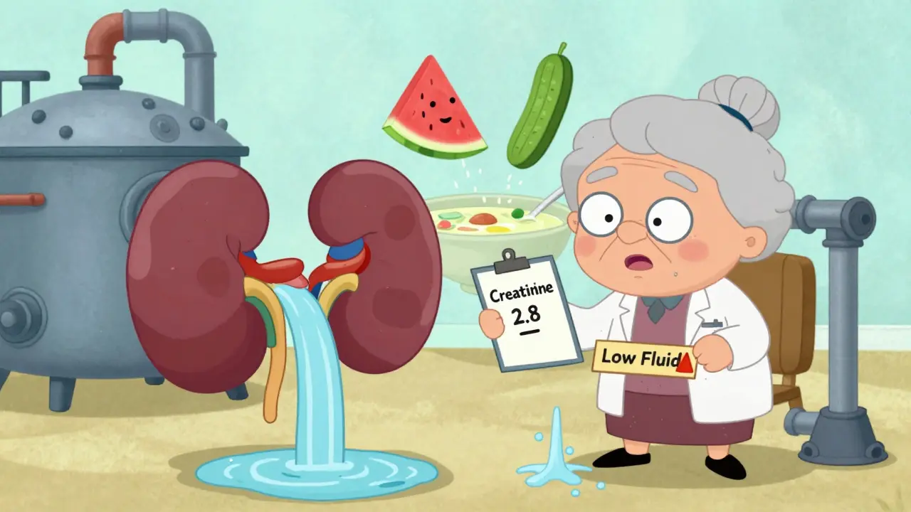 Cartoon kidneys showing healthy vs. malfunctioning function, with food and medical symbols nearby.
