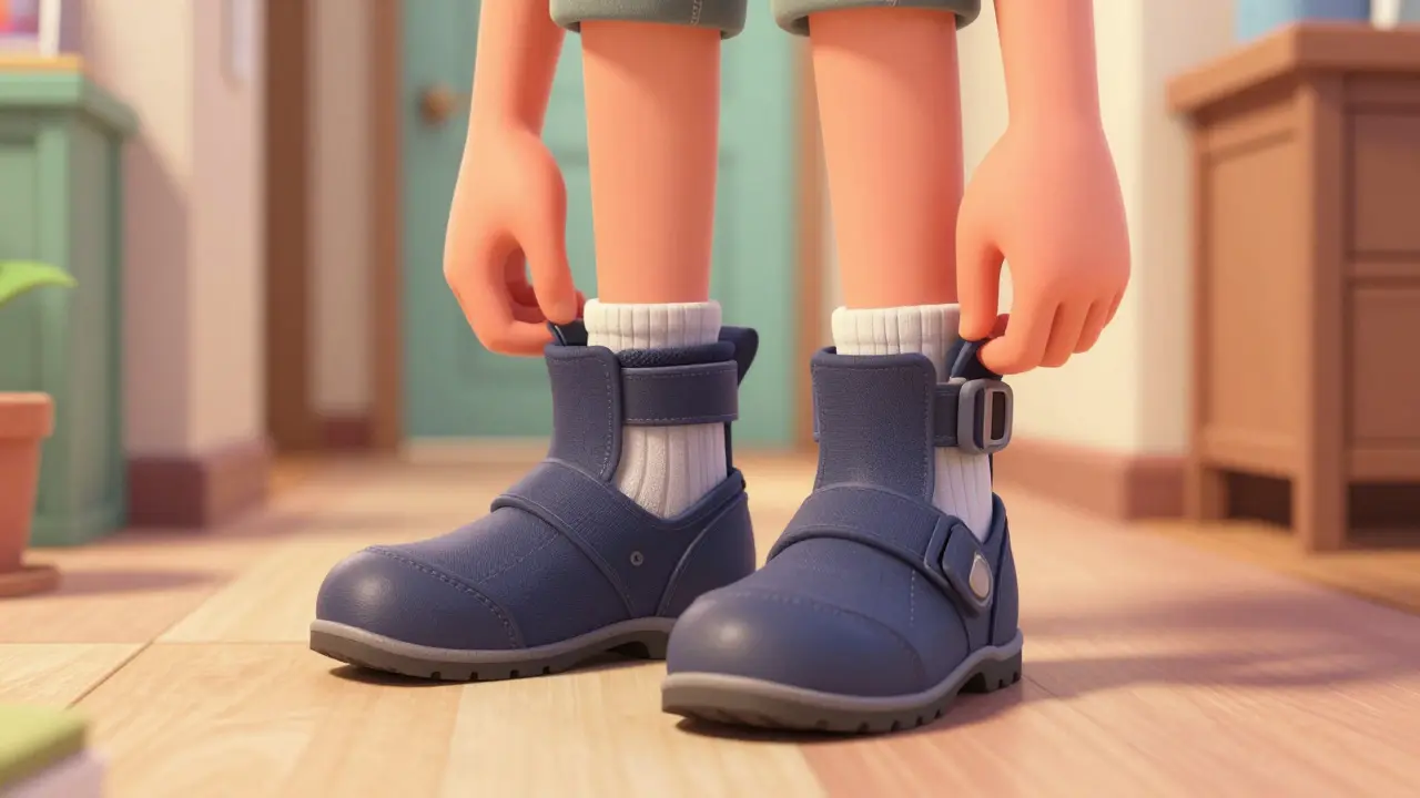 Character putting on supportive therapeutic shoes