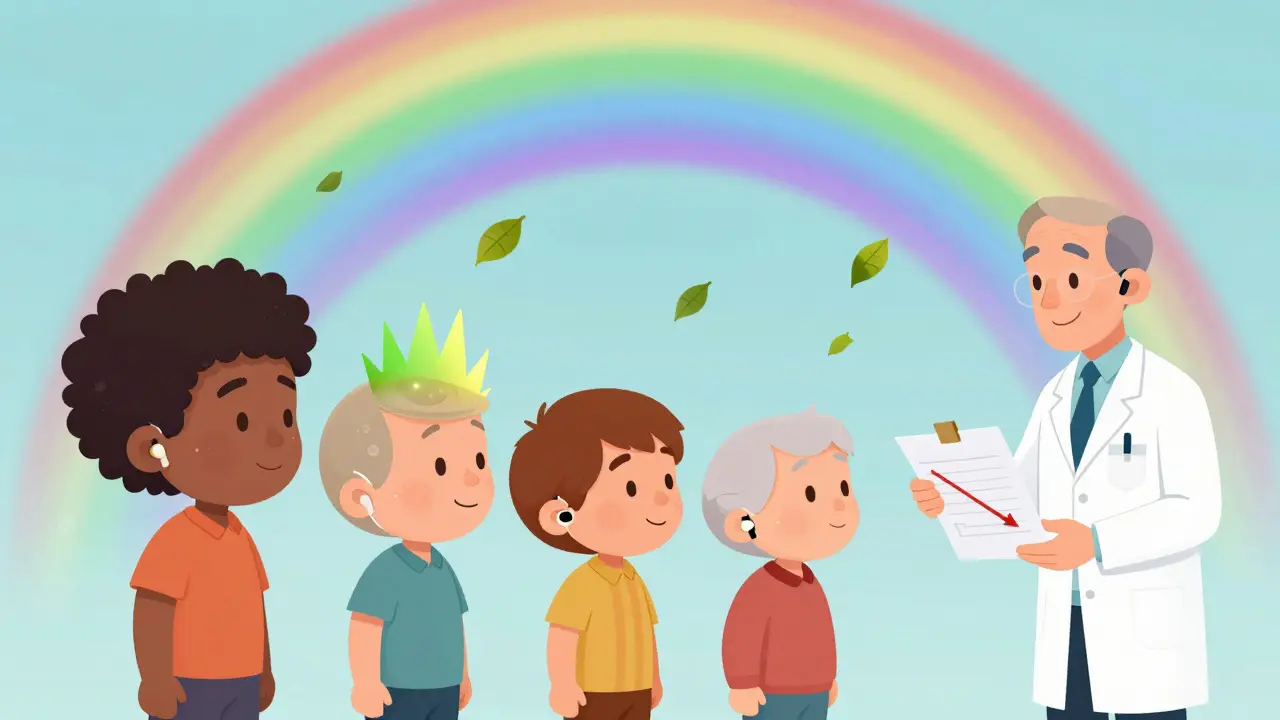 Four patients wear sound devices as their tinnitus turns into floating leaves, representing successful TRT.