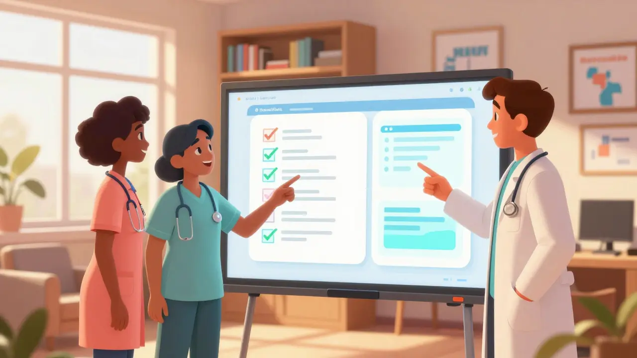 Healthcare team reviewing checklist on interactive whiteboard together