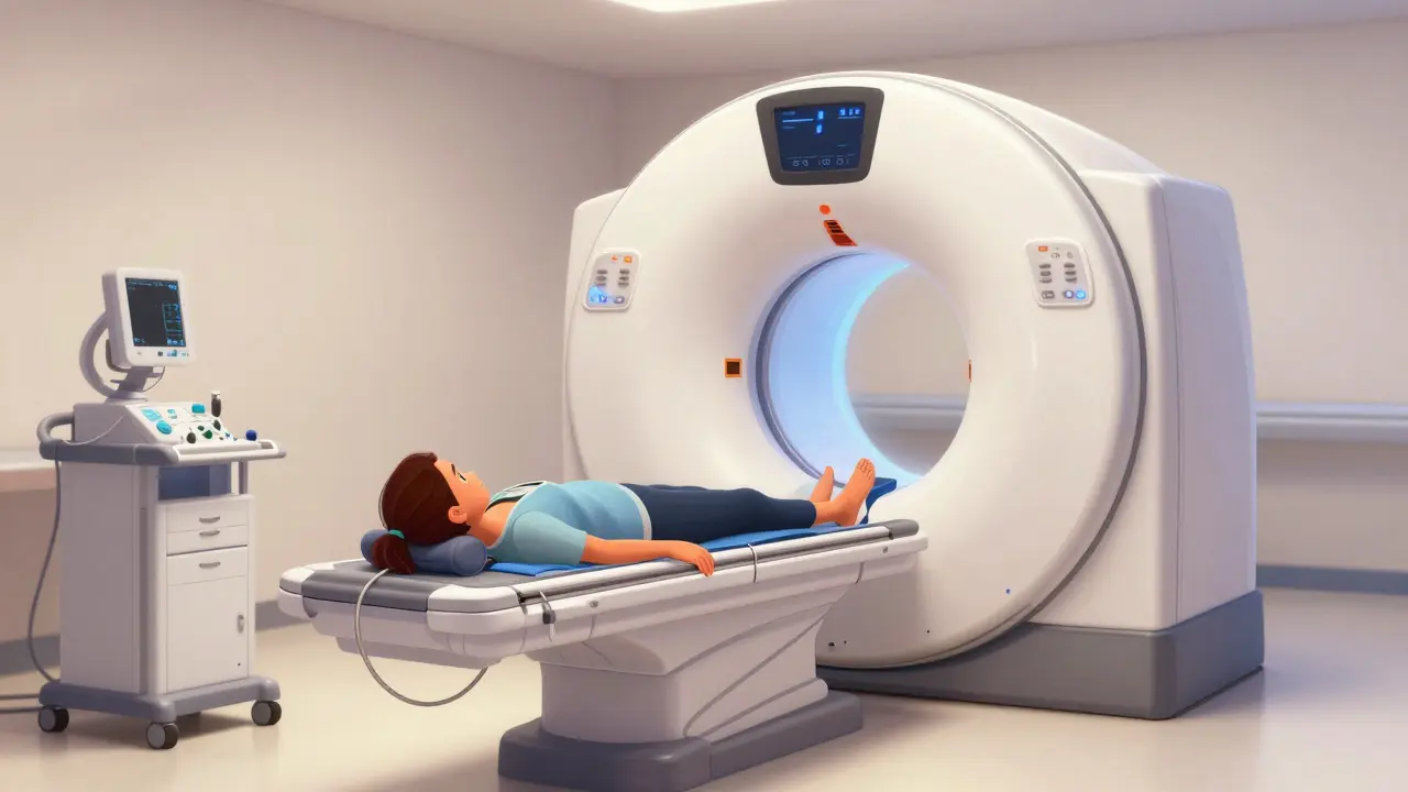 Patient lying comfortably on a medical scanning machine.