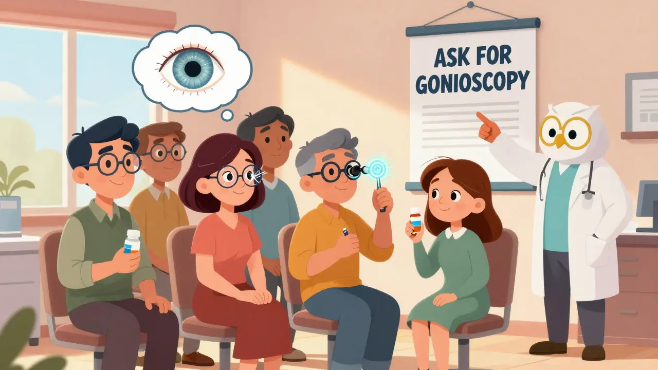 People over 40 in an eye clinic hold OTC meds, with one holding a glowing gonioscopy lens as a wise doctor points to a warning poster.