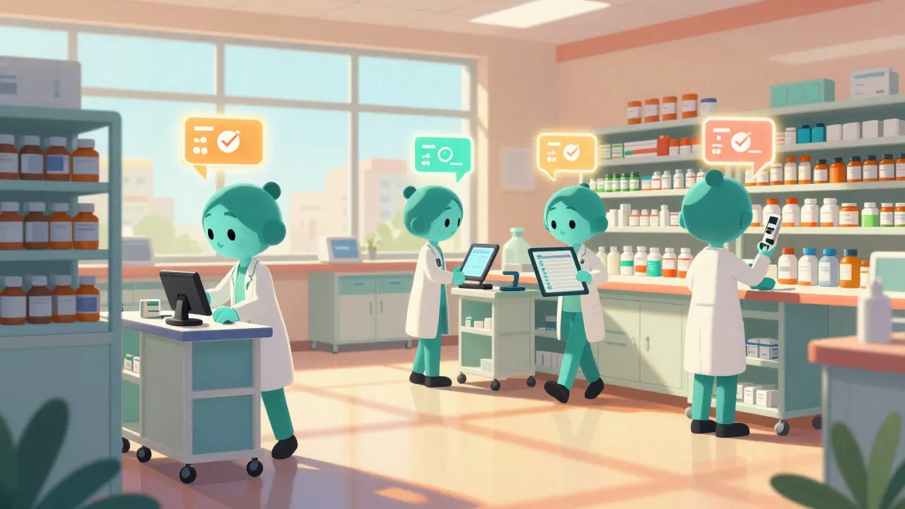 Pharmacy staff using barcode scanners with glowing safety notifications