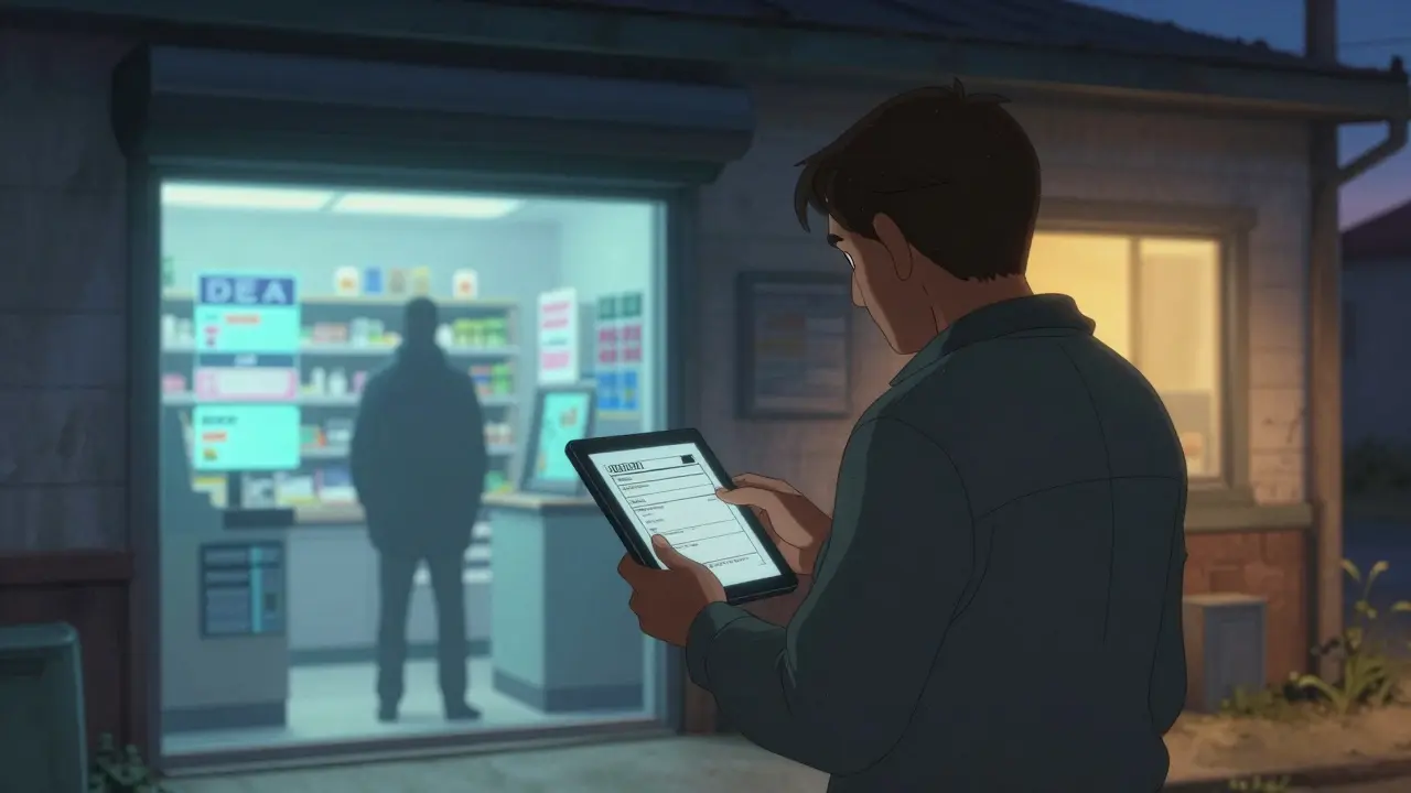 Rural patient facing a truncated digital prescription label while a modern pharmacy glows in the distance at dusk.