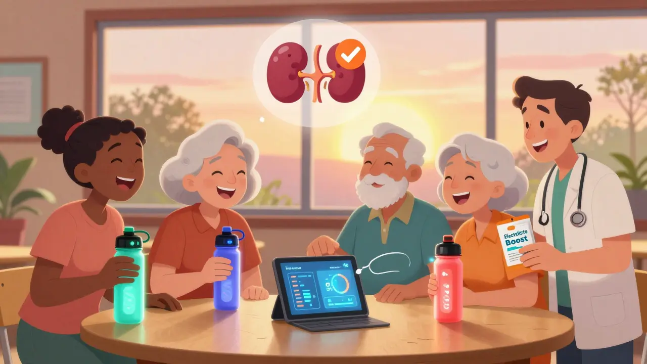 Seniors using smart water bottles in a community center, with hydration stats displayed on a tablet.