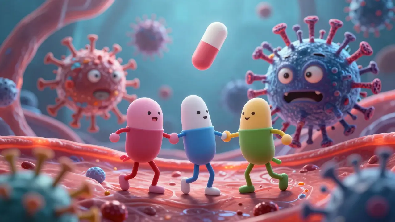 Three drug molecules dancing together in a bloodstream to block a virus, in a colorful microscopic scene.