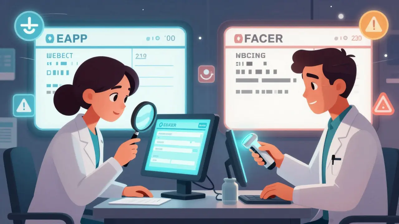 Two pharmacists double-checking an electronic prescription transfer, one using a magnifying glass, the other scanning a barcode.