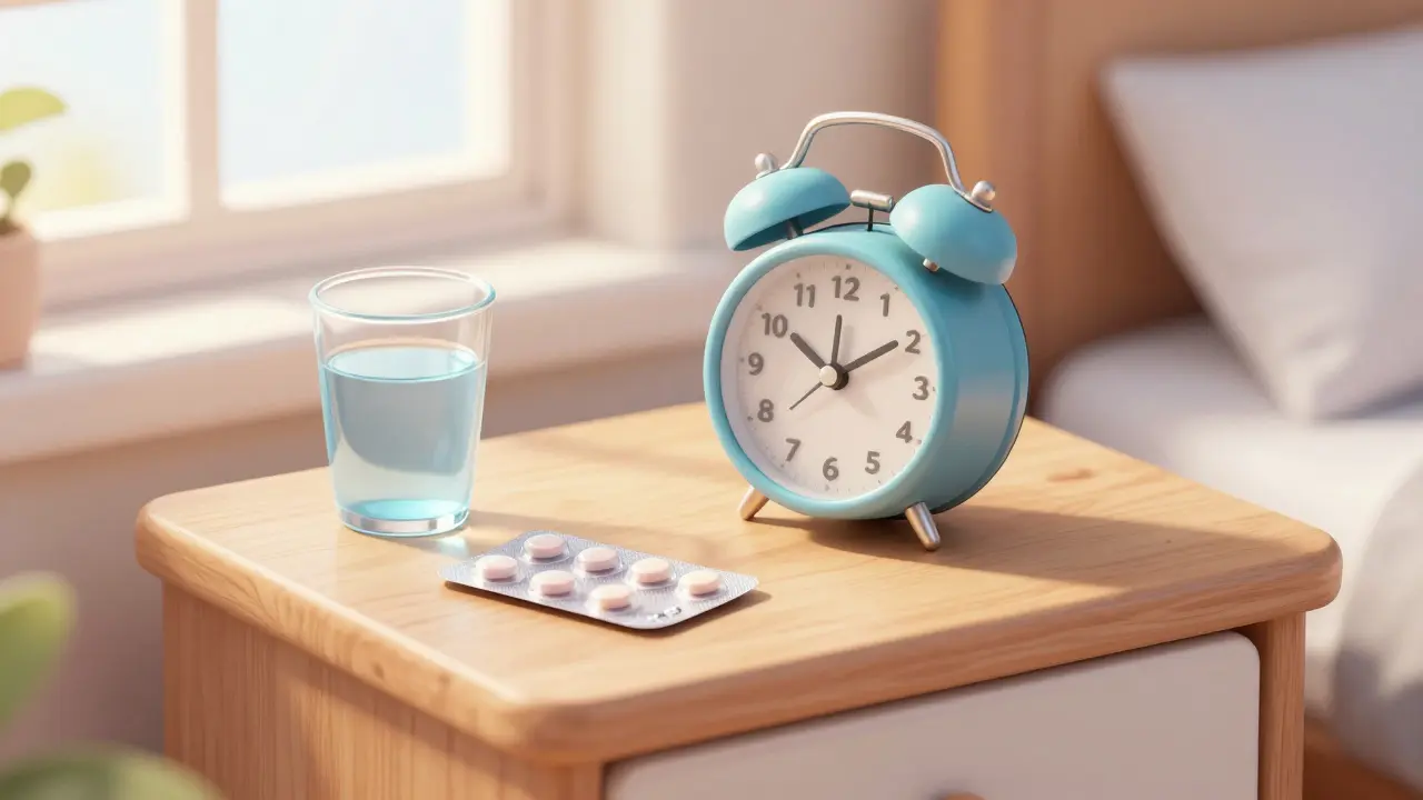 A blister pack of daily birth control pills on a bedside table next to an alarm clock.