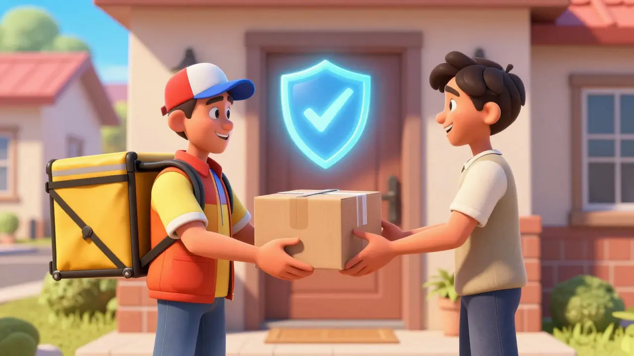 A courier delivering a secure medical package to a customer at their home.