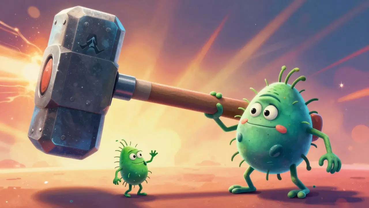 A giant sledgehammer about to hit a small, smug-looking green bacterium character.