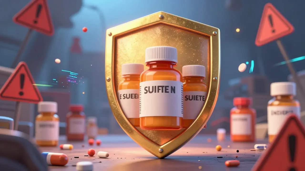 A golden shield protecting a medication bottle from a chaotic background of warning signs.