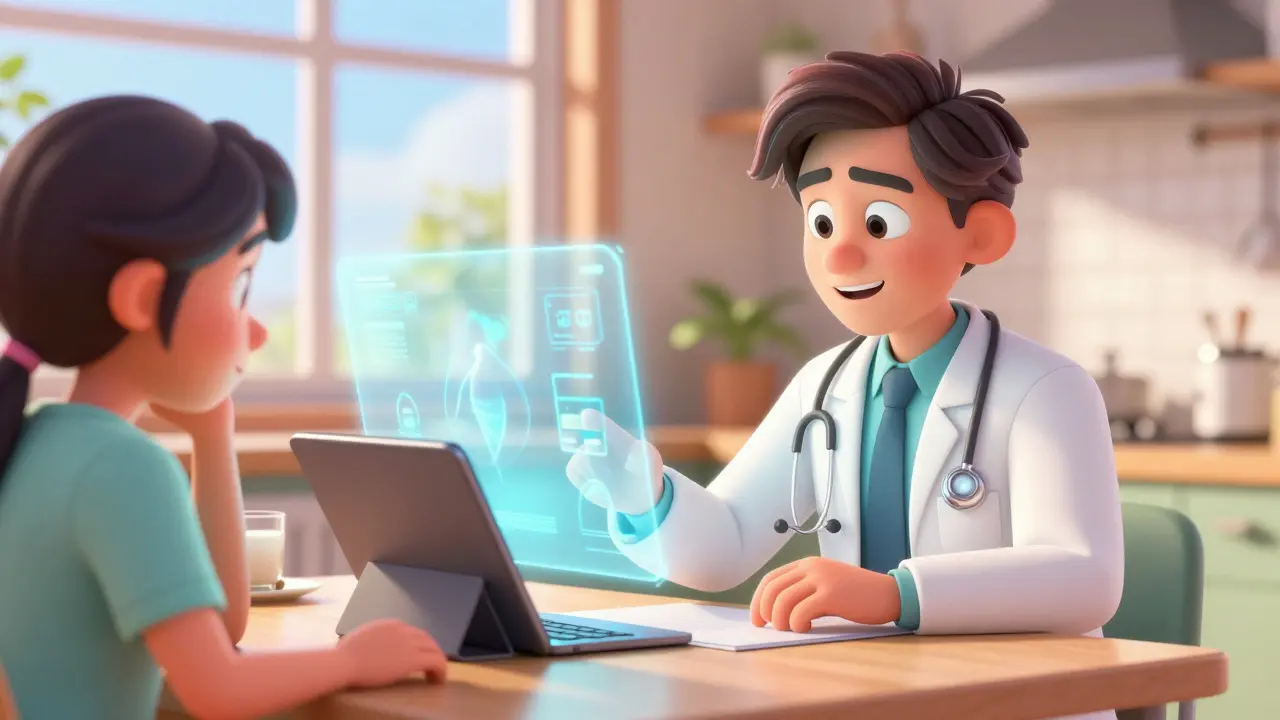 A patient having a virtual telehealth appointment with a friendly doctor via a tablet.