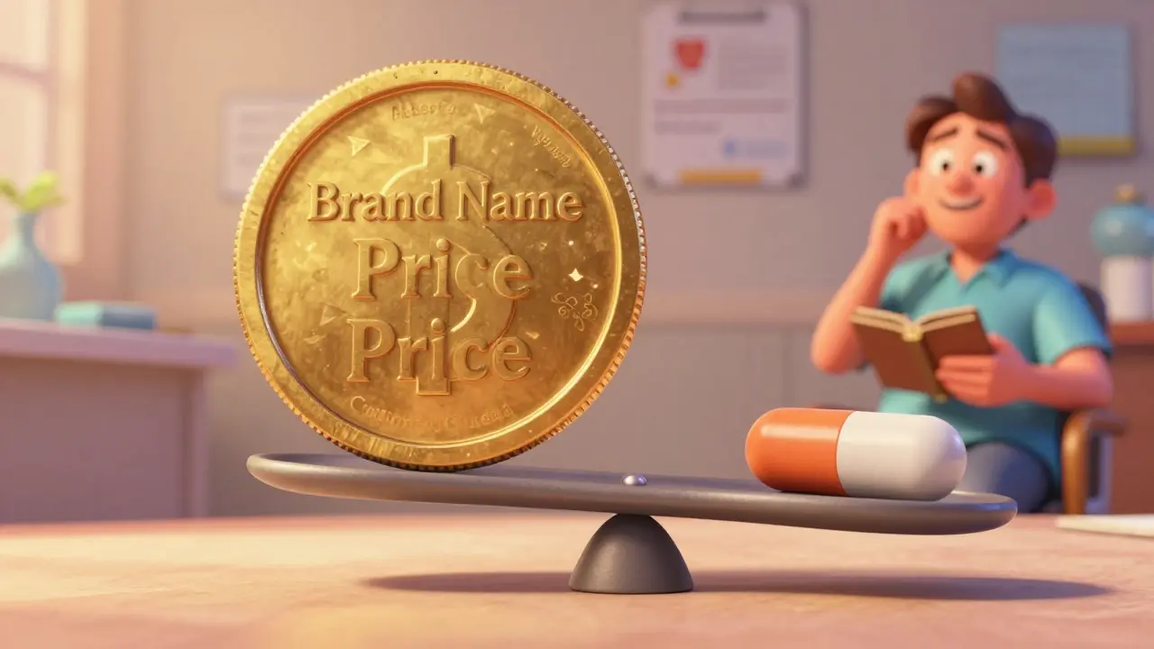 A scale balancing a brand-name price coin against a generic pill to show savings