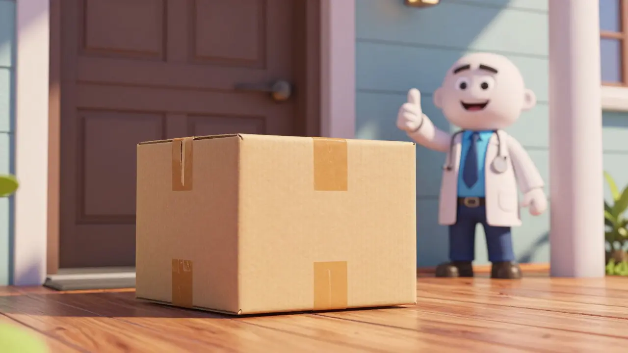 A secure medical package delivered to a doorstep with a supportive doctor in the background.