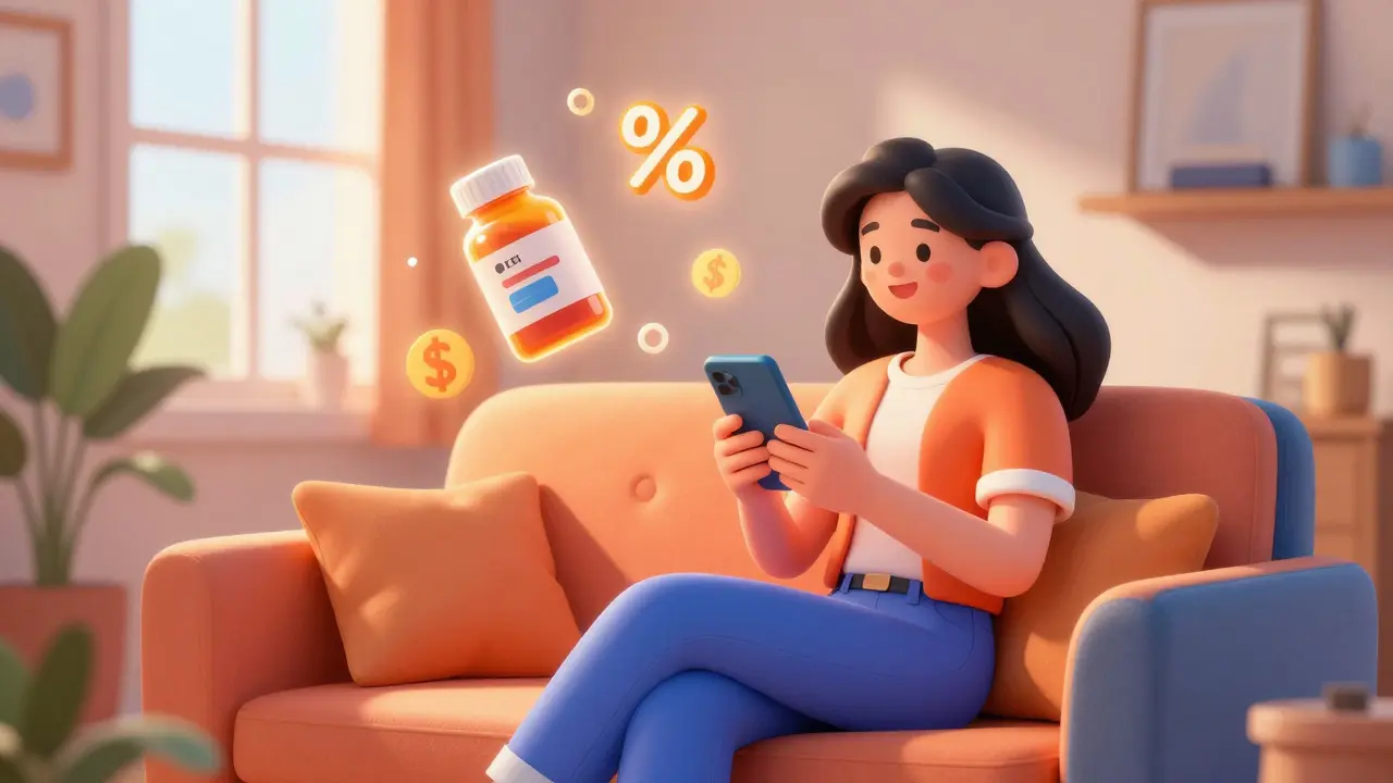 A woman happily using a smartphone to find medication discounts in a vibrant 3D style.