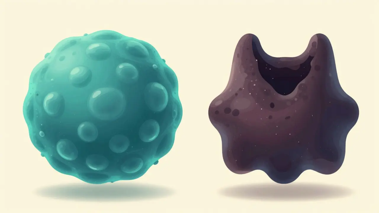 Cartoon comparison of smooth benign versus jagged malignant nodules