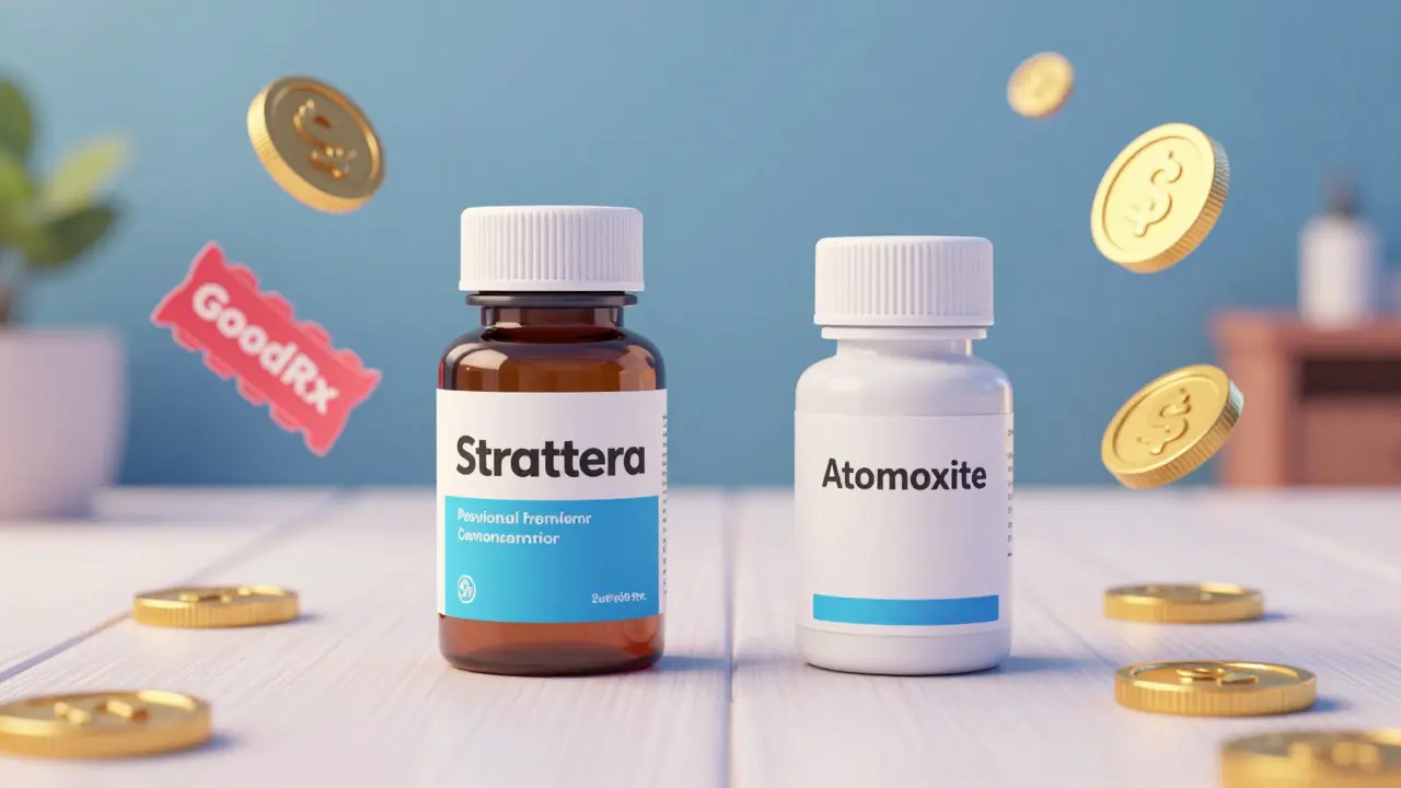 Comparison of brand-name and generic medication bottles with floating discount coins.