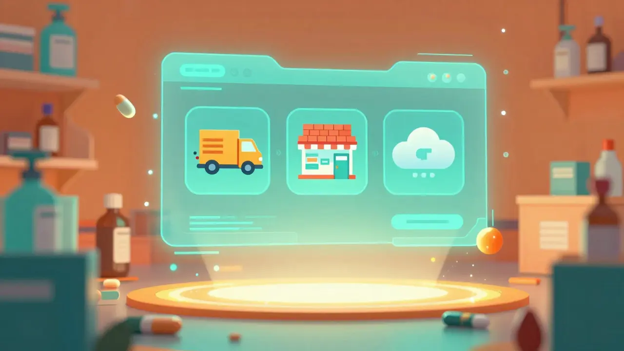 Digital interface comparing different online pharmacy delivery and pickup options.