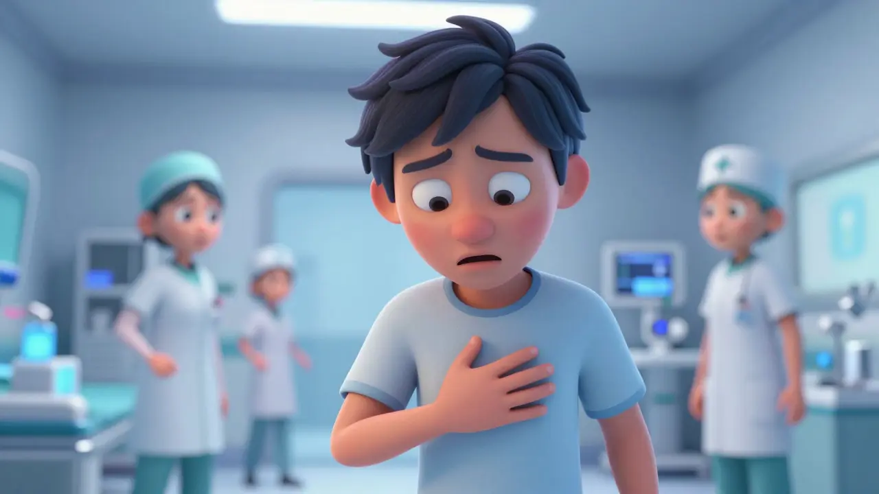 Exhausted person receiving urgent medical care in a stylized emergency room