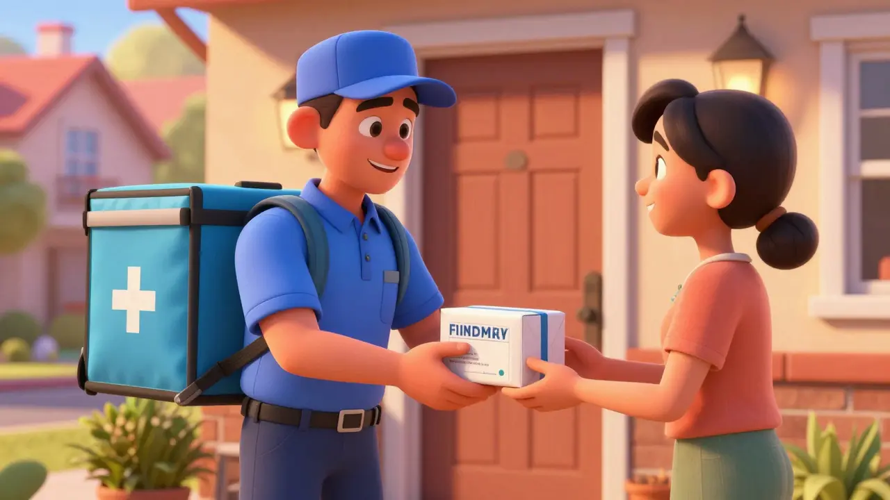 Friendly courier delivering a package of medication to a patient's home in DreamWorks style.