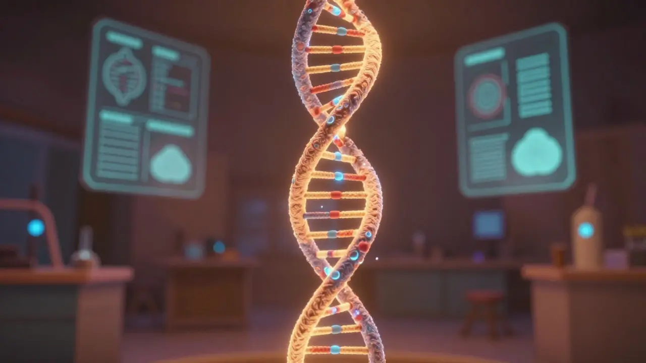 Glowing DNA strand illustrating molecular genetic testing concepts