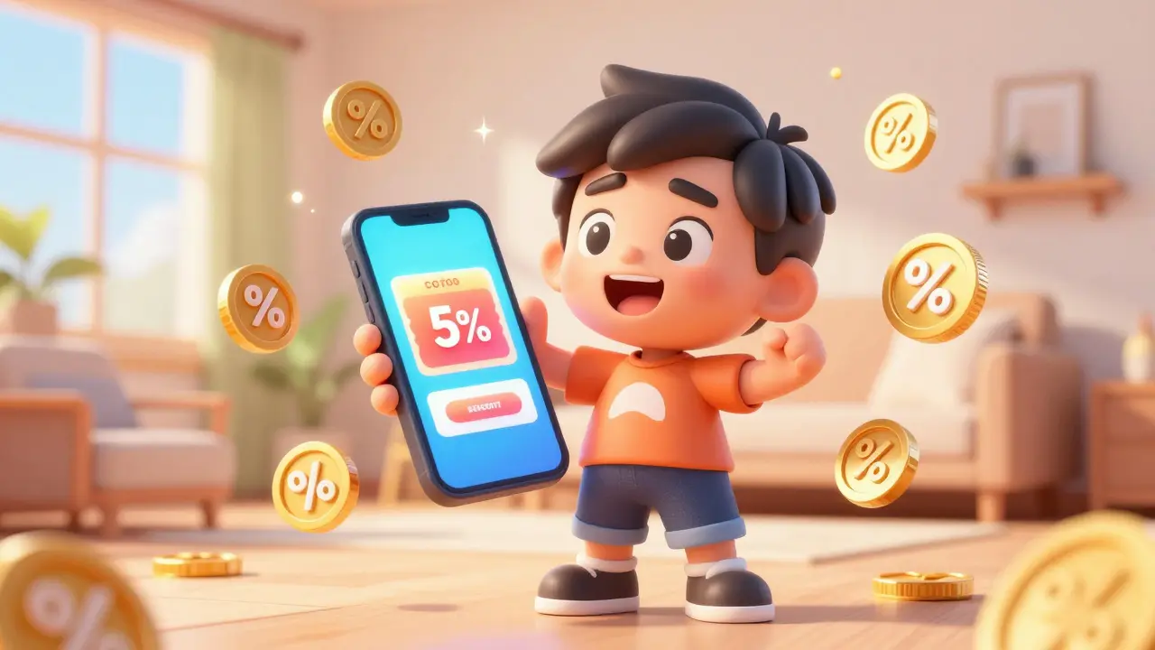 Happy person using a discount app to save money on medication in DreamWorks style.