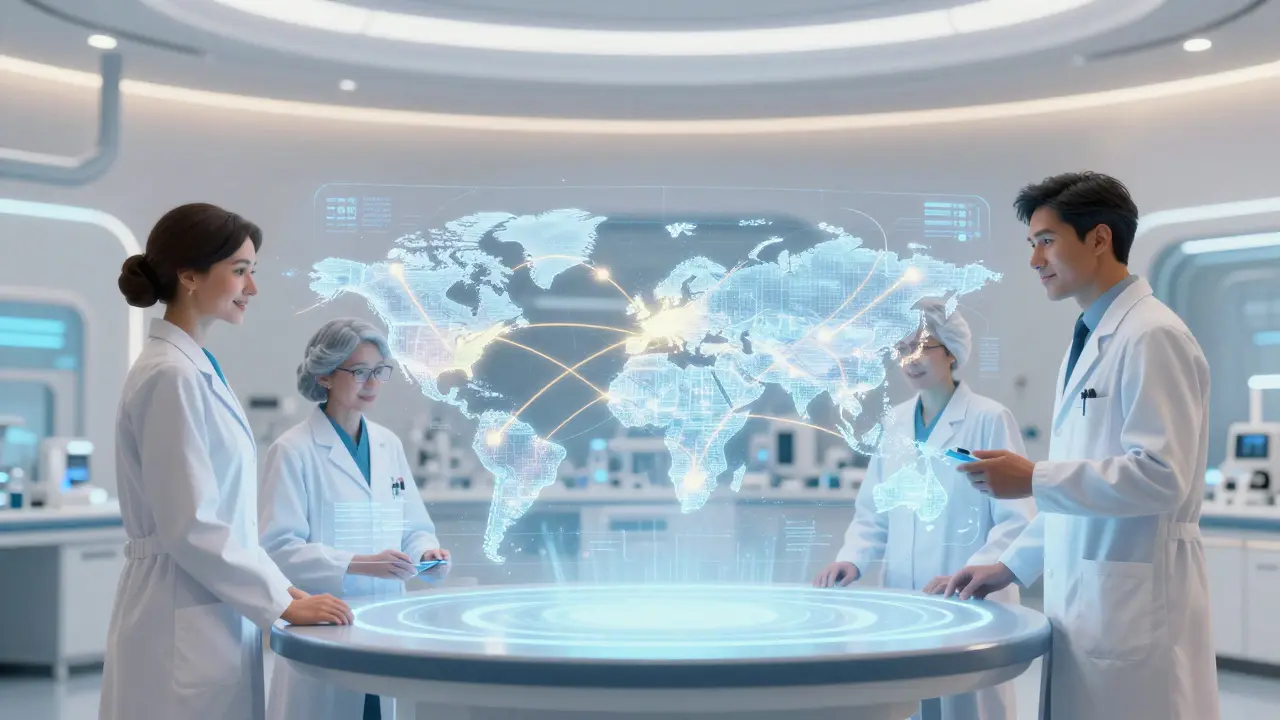 Scientists collaborating around a glowing holographic world map in a futuristic lab.