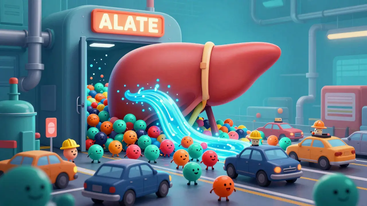 Stylized internal liver factory with a traffic jam of molecules blocked by alcohol
